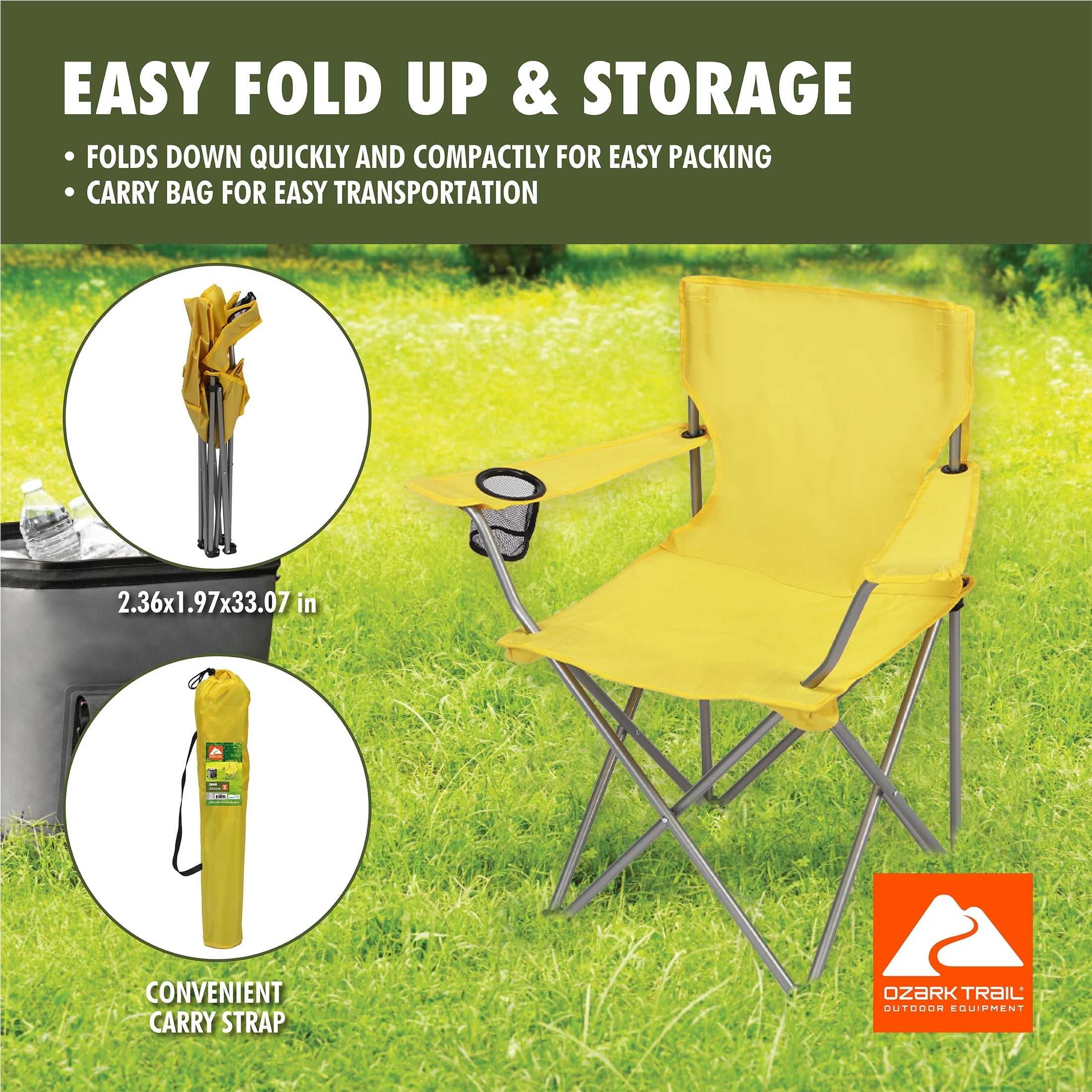 Ozark Trail Quad Folding Camp Chair with Cup Holder, Black