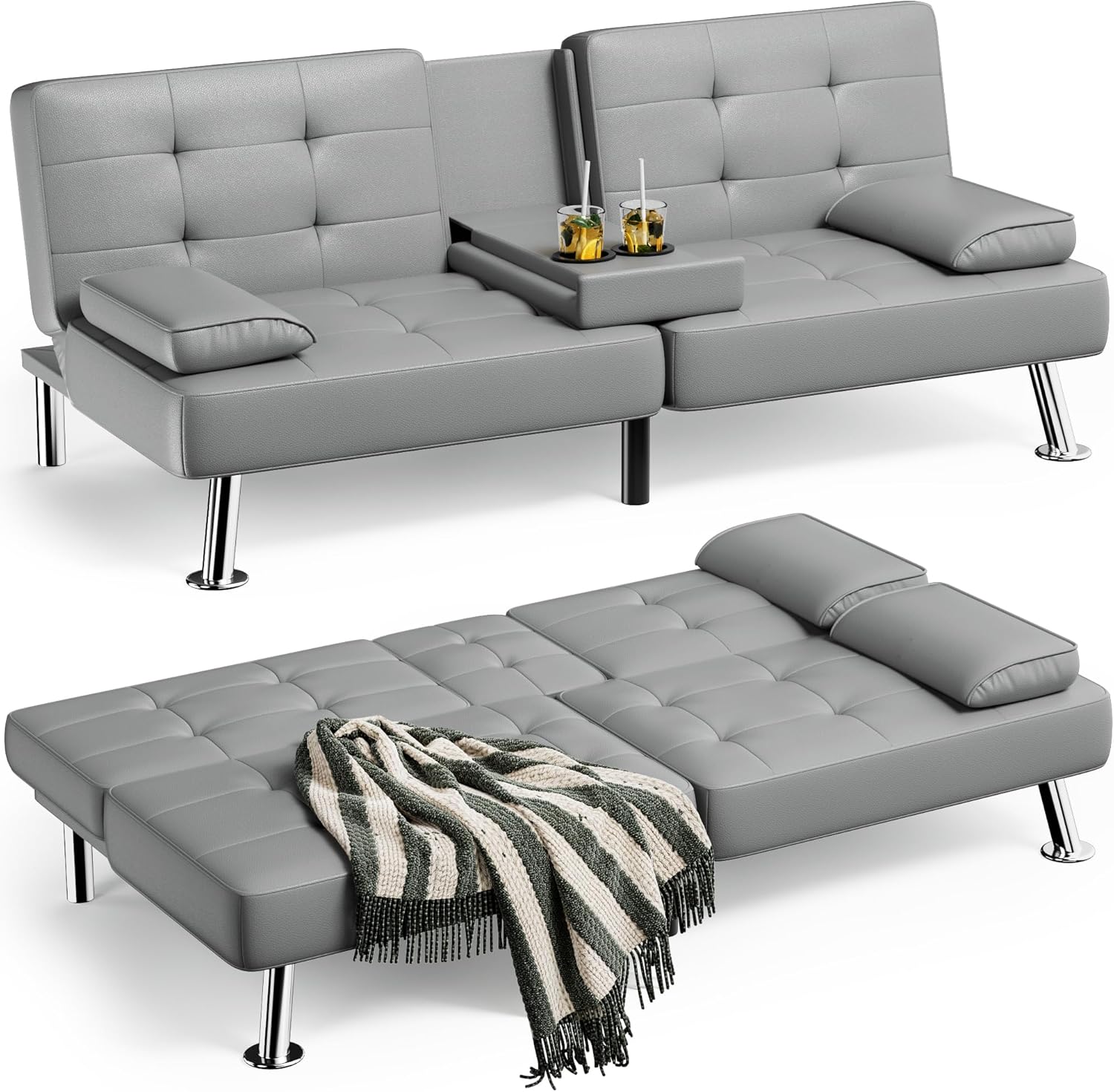Homall Futon Sofa Bed, Leather Futon Couch with Removable Armrests, Adjustable Recliner Sleeper Sofa Bed with Dual Cup Holders for Living Room, Apartment, Office (Black)