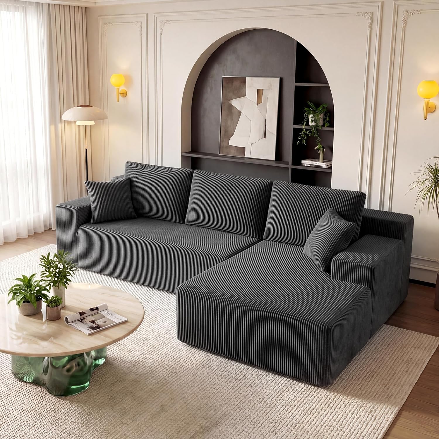 Cloud Sectional Boneless Couches for Living Room, Modular L Shaped Couch with Deep Seat Oversized Right Facing Chaise, Memory Foam Compressed Spineless 3 Seater Sofa for Apartment, Black | No Assembly Required, Deep Seat, Cat-Claw Resistant, High-Res
